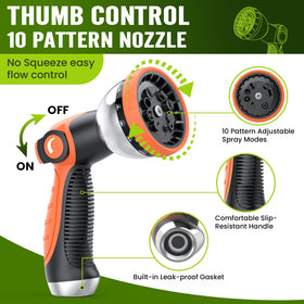REFDAQ thumb-control nozzle offers 10 patterns for versatile watering.