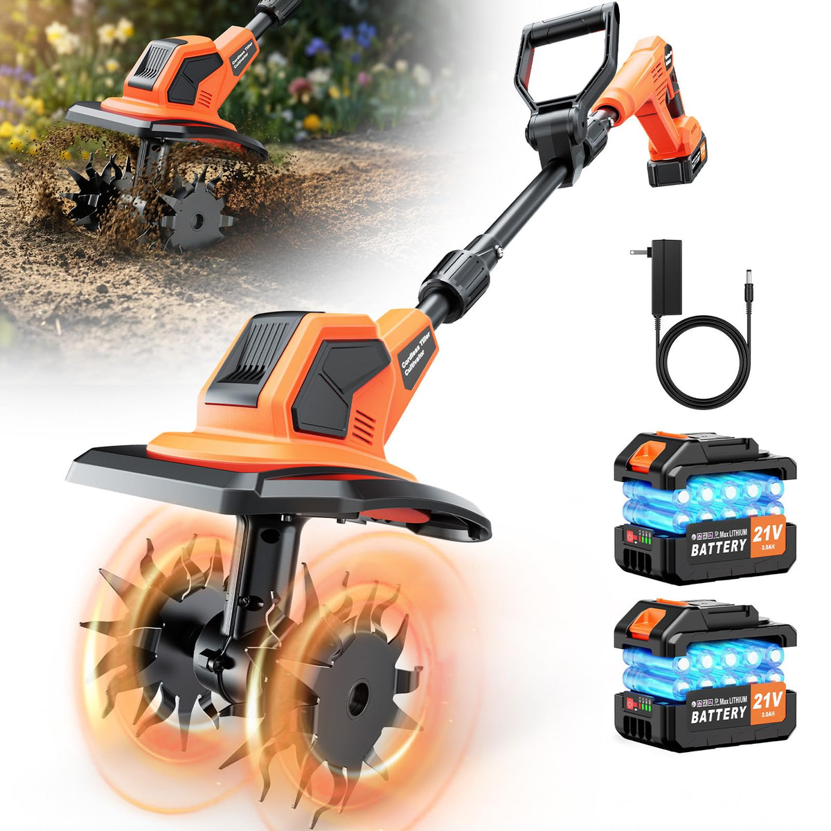 Reffmov 21V cordless tiller for easy soil prep in small gardens.