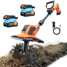 reffmov cordless garden tiller demonstrating 9.5 inch width for efficient bed preparation.