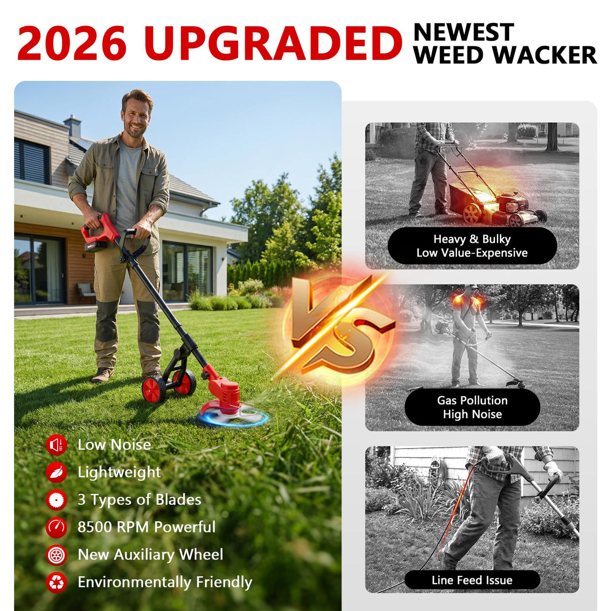 REFFMOV lightweight weed wacker at four pounds reduces user fatigue