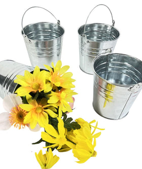 Regent 4-pack galvanized buckets with handles, ideal for rustic wedding centerpieces and DIY party favors.