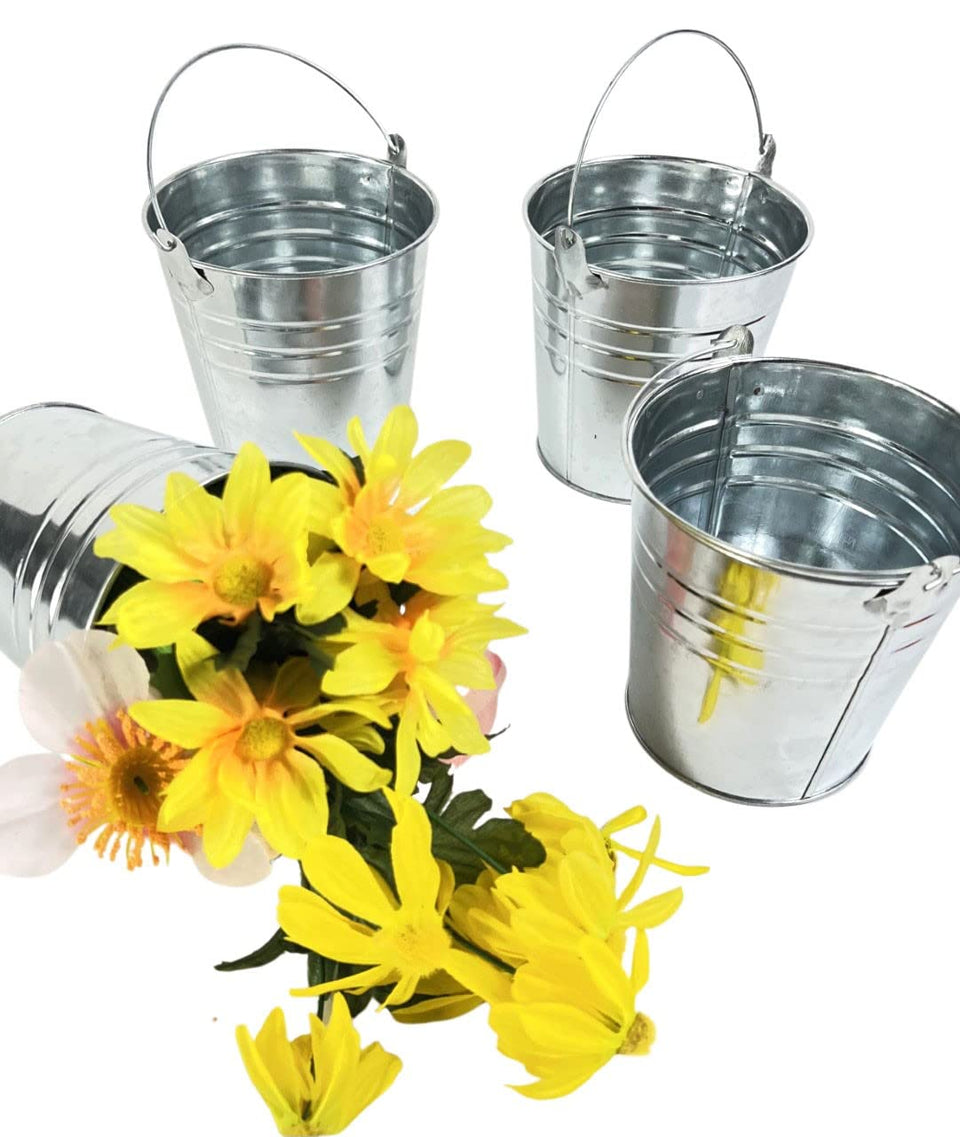 Regent 4-pack galvanized buckets with handles, ideal for rustic wedding centerpieces and DIY party favors.