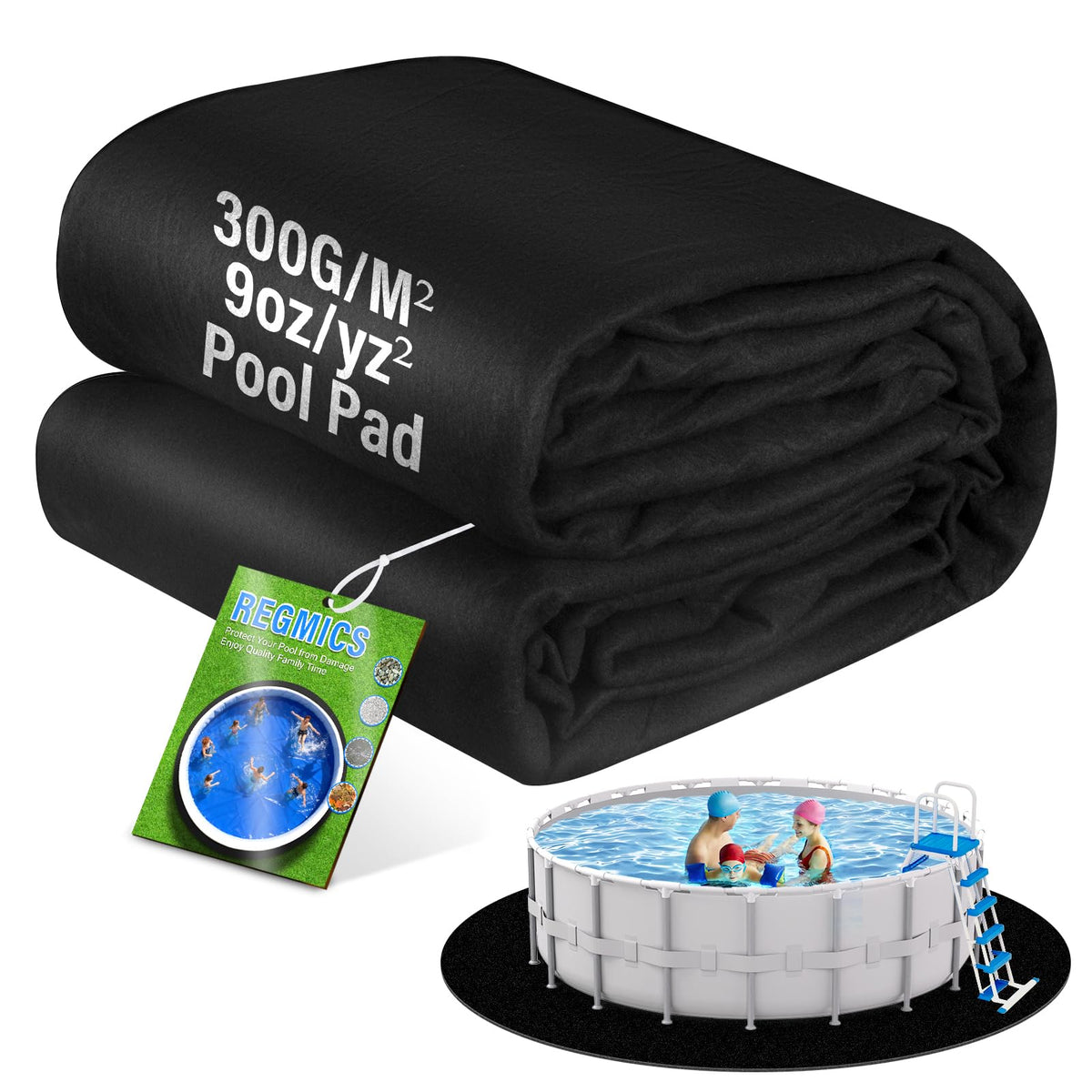 REGMICS 12ft round pool pad laid flat on level ground protects the liner from rocks and sharp gravel.