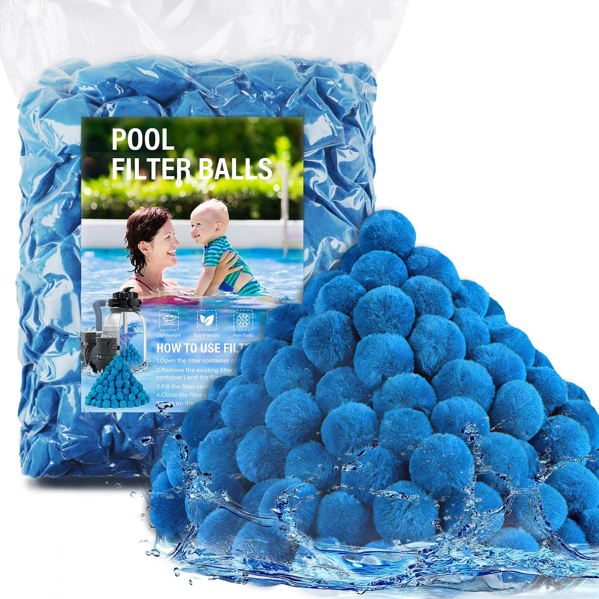 REGMICS 4 lbs pool filter balls in package illustrating dense media for efficient filtration