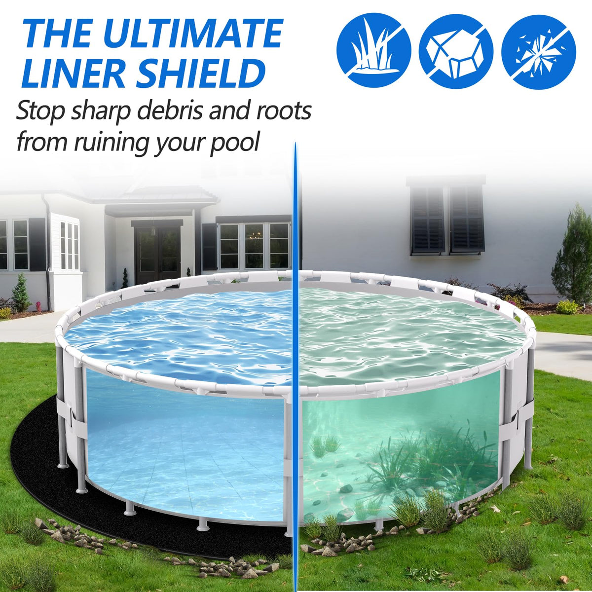 REGMICS black opaque pool pad blocks sunlight under the pool area for a cleaner underside.