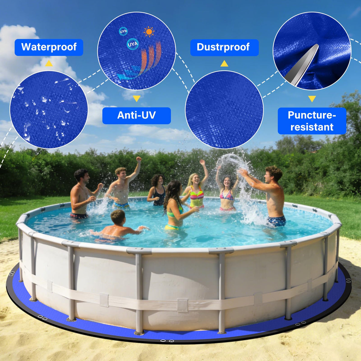 REGMICS protective layer on grass demonstrates stable foundation for outdoor pool setups.
