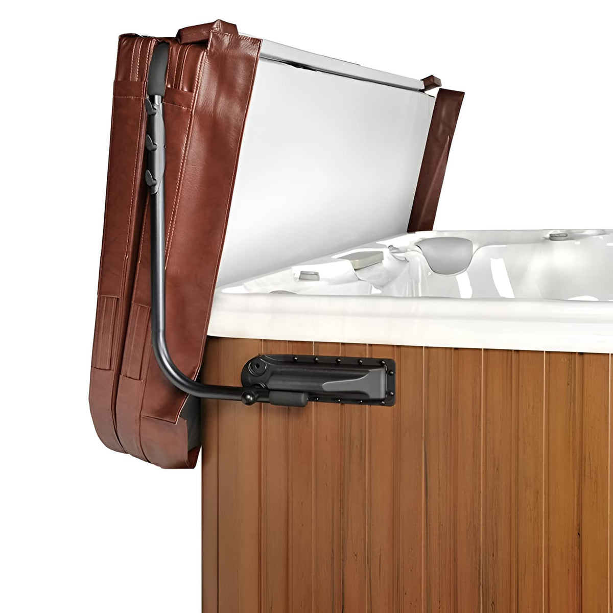 REGMICS spa cover lift with pivot top mount highlights rust-resistant aluminum brackets.
