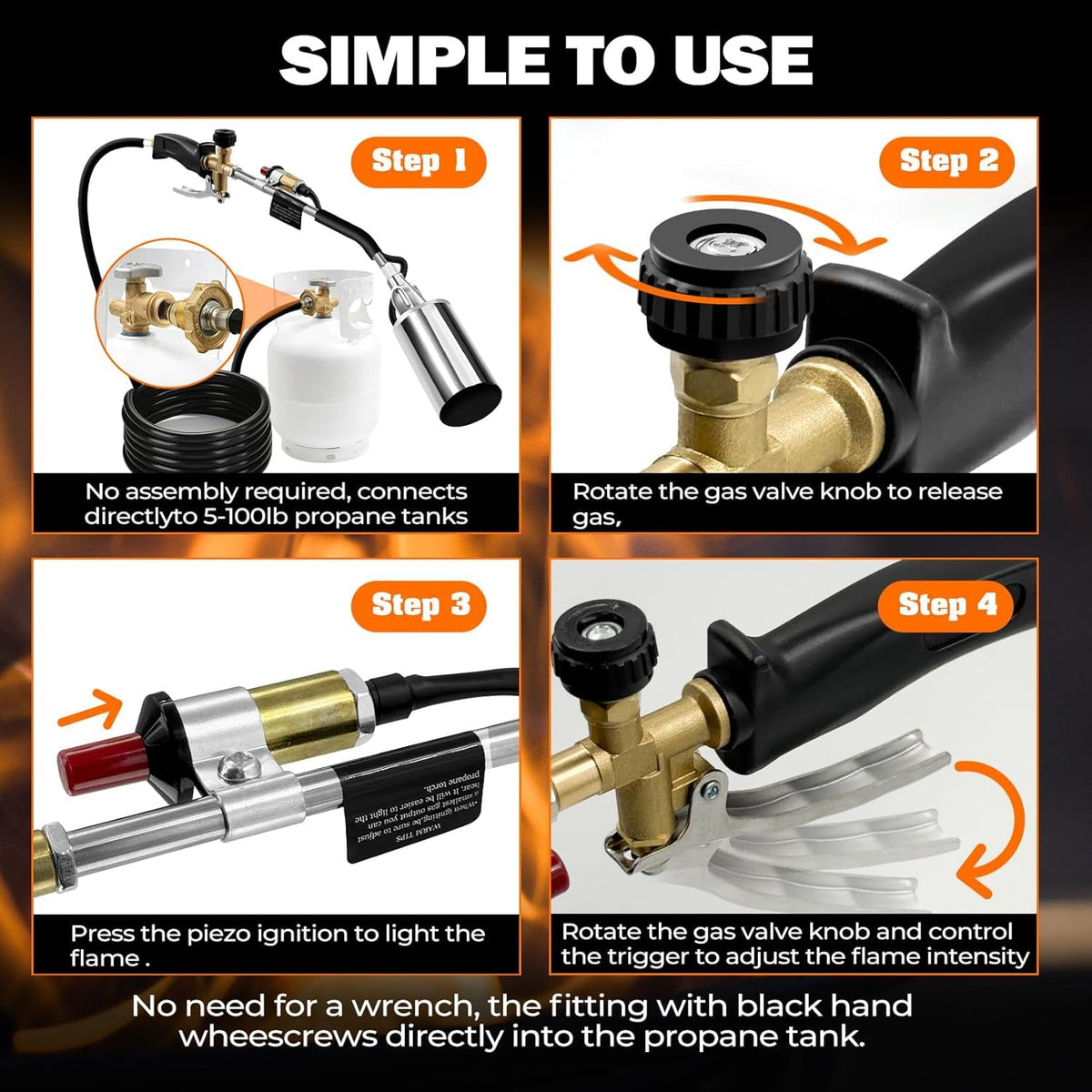 REHOSEUP large nozzle concentrates a strong flame for professional heating.