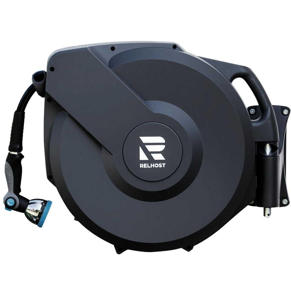 Relhost garden hose reel 115 ft reaches every corner of the yard with easy coverage.