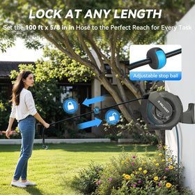 Relhost hose reel extended to cover a large garden area for wide watering.