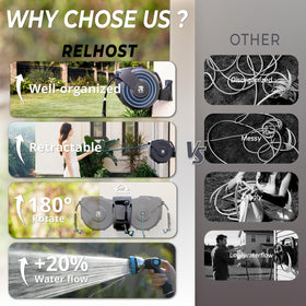 Relhost hose reel kink-free retraction for neat, tangle-free storage.