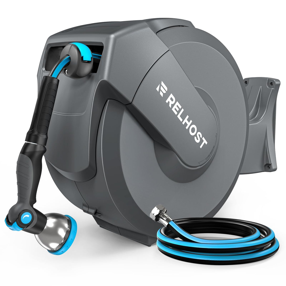 Relhost retractable hose reel mounted on wall with 100 ft reach for convenient watering.