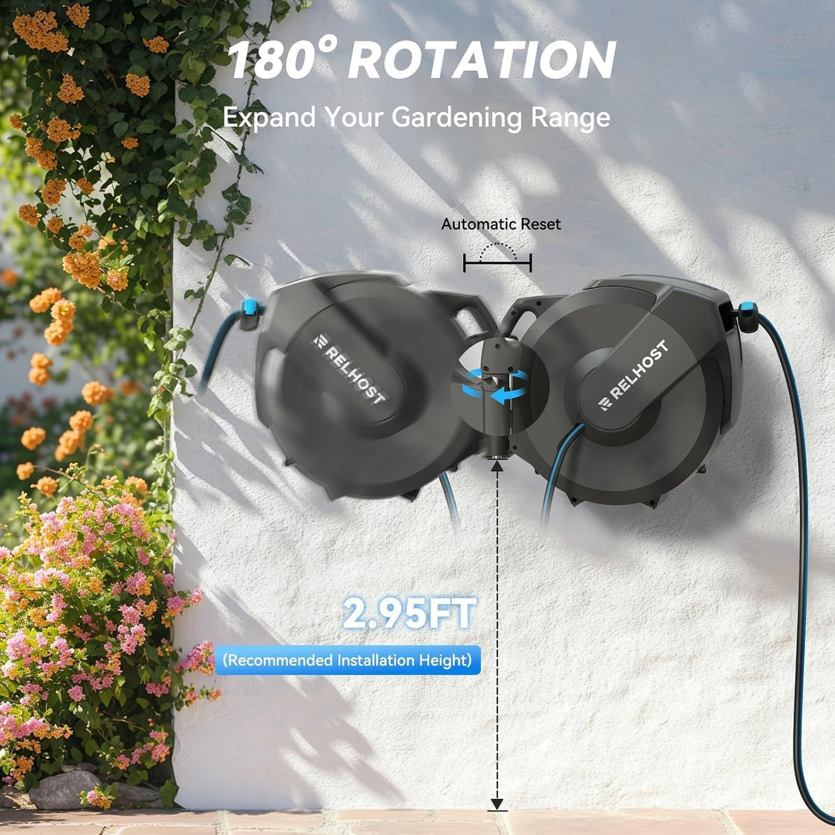 Relhost swivel bracket at 180 degrees enables flexible watering around corners.