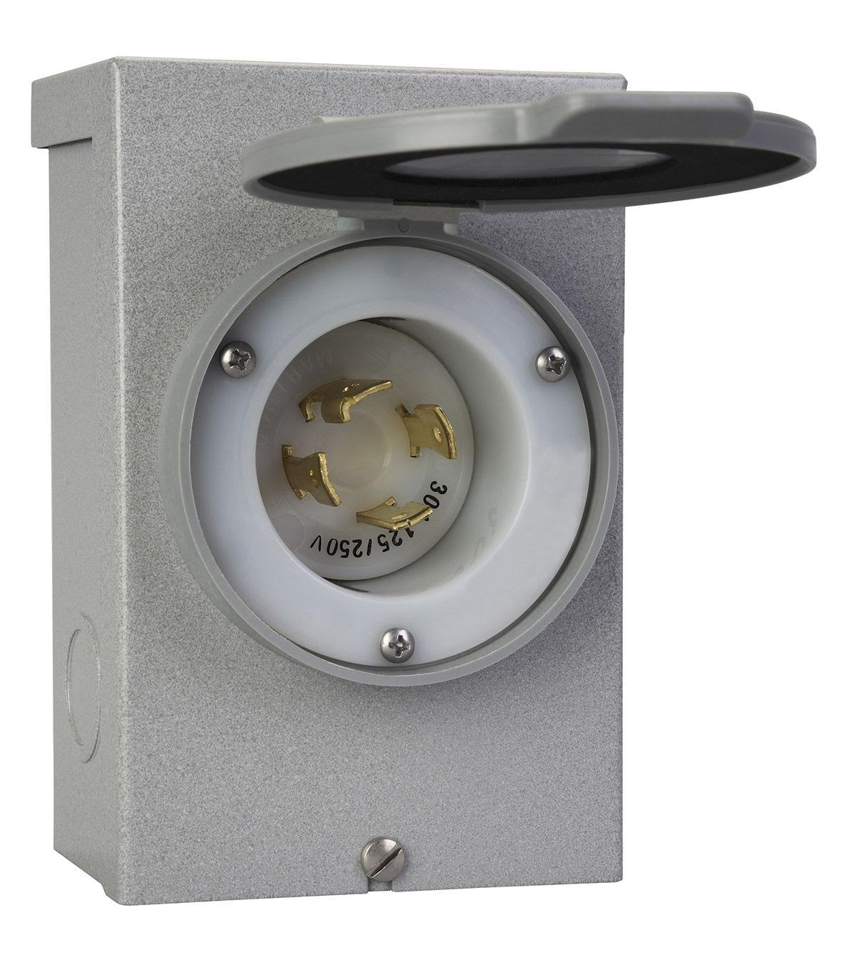 Reliance Controls PB30 outdoor inlet box front view showing weatherproof rugged design for generator hookups