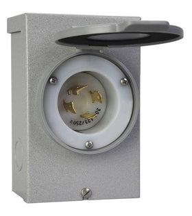 Reliance Controls PB30 outdoor inlet box front view showing weatherproof rugged design for generator hookups