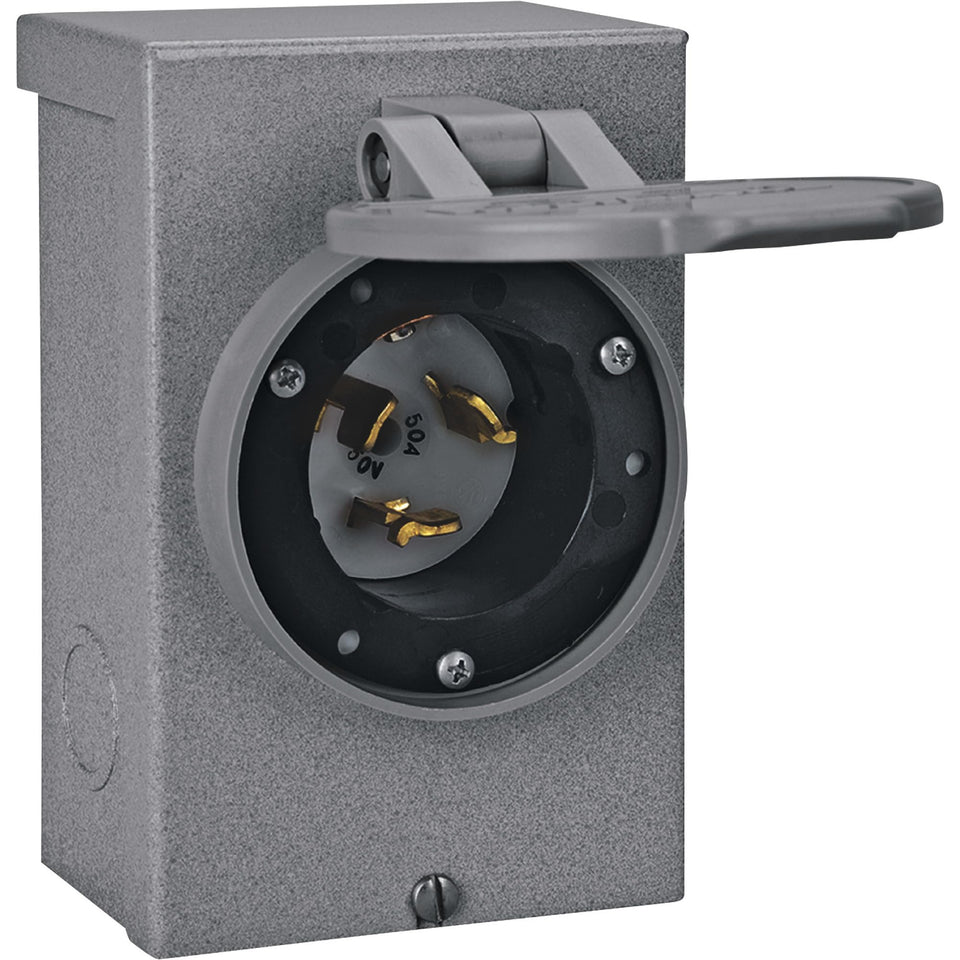 Reliance Controls PB50 front view, outdoor inlet with weatherproof NEMA 3R design for generator hookup