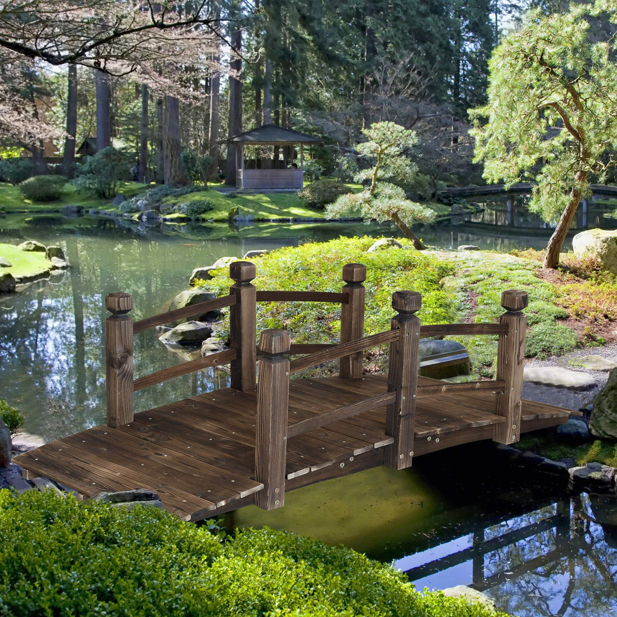 RELIANCER wooden garden bridge arch shows carbonized finish for durability.