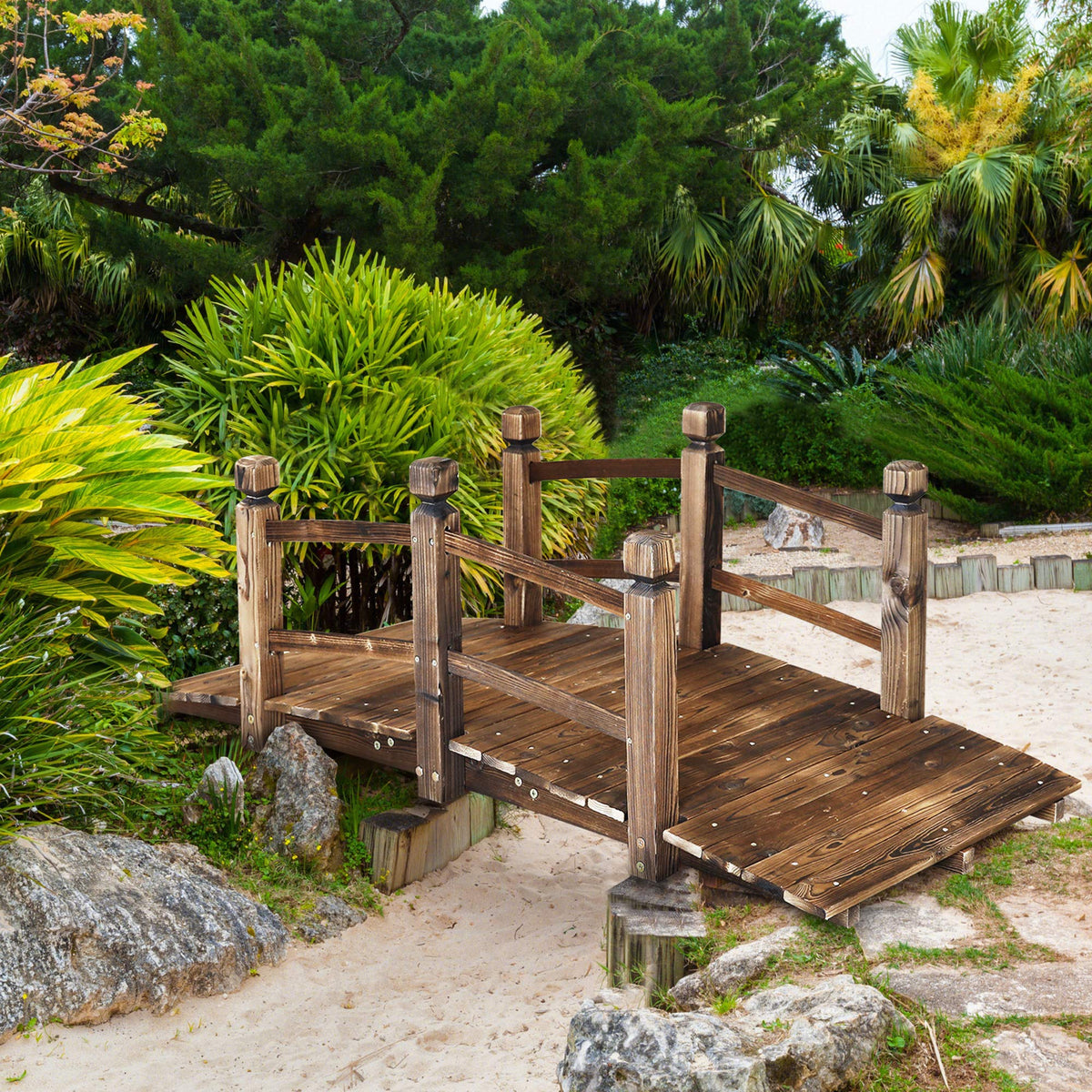 RELIANCER arch bridge weathered look complements rustic garden aesthetics.