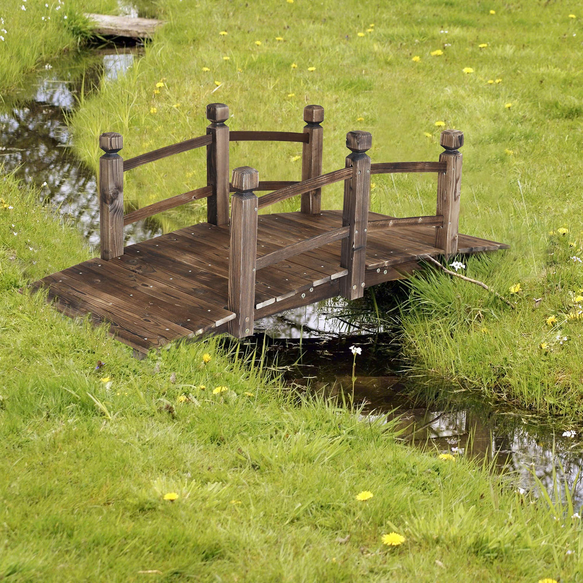 RELIANCER 5FT wooden garden bridge arch in yard demonstrates versatile decoration.