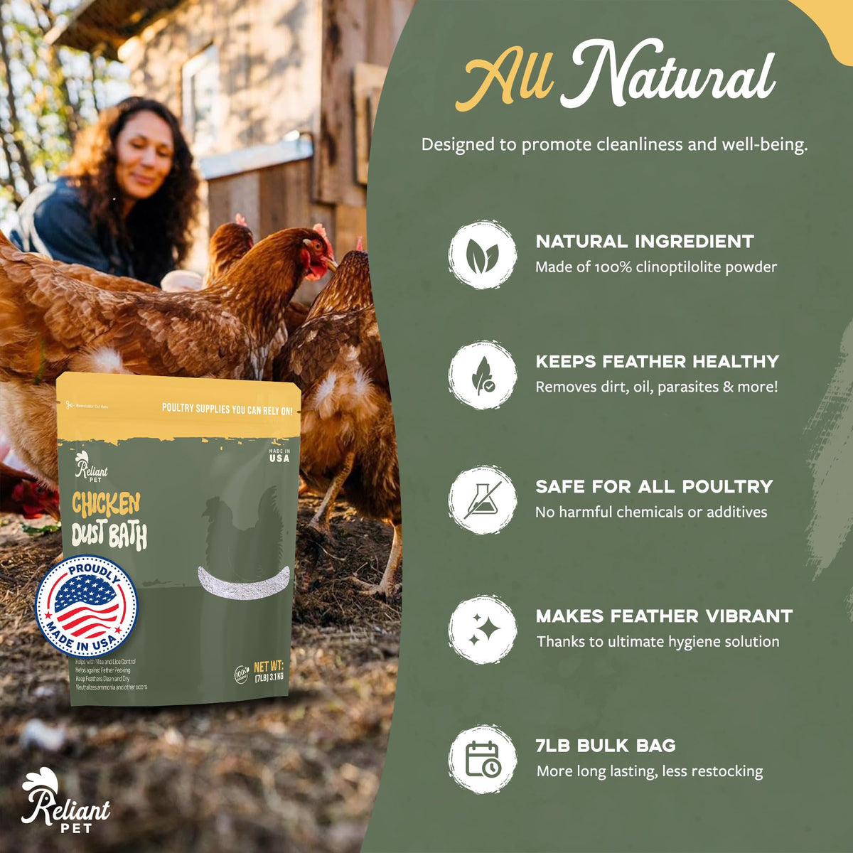 Reliant Pet dust-free non-clumping mix for easy coop maintenance and use.
