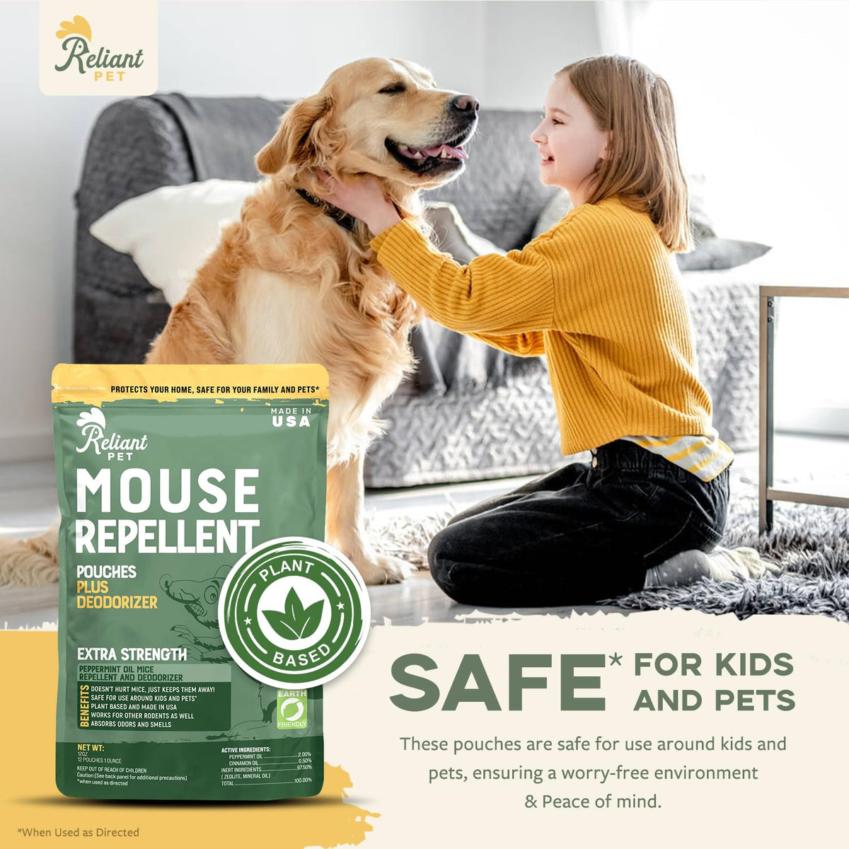 Reliant Pet mouse repellent pouches in car image demonstrates scent-driven deterrence.