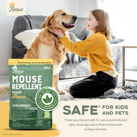 Reliant Pet mouse repellent pouches in car image demonstrates scent-driven deterrence.