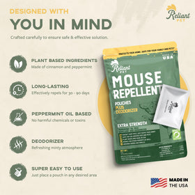 Reliant Pet mouse repellent pouches in closet indicate indoor use and odor control.