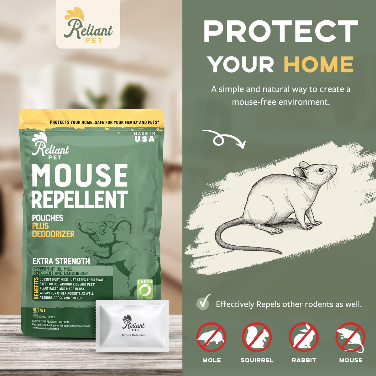 Reliant Pet mouse repellent pouches close-up reveals peppermint scent and natural protection.