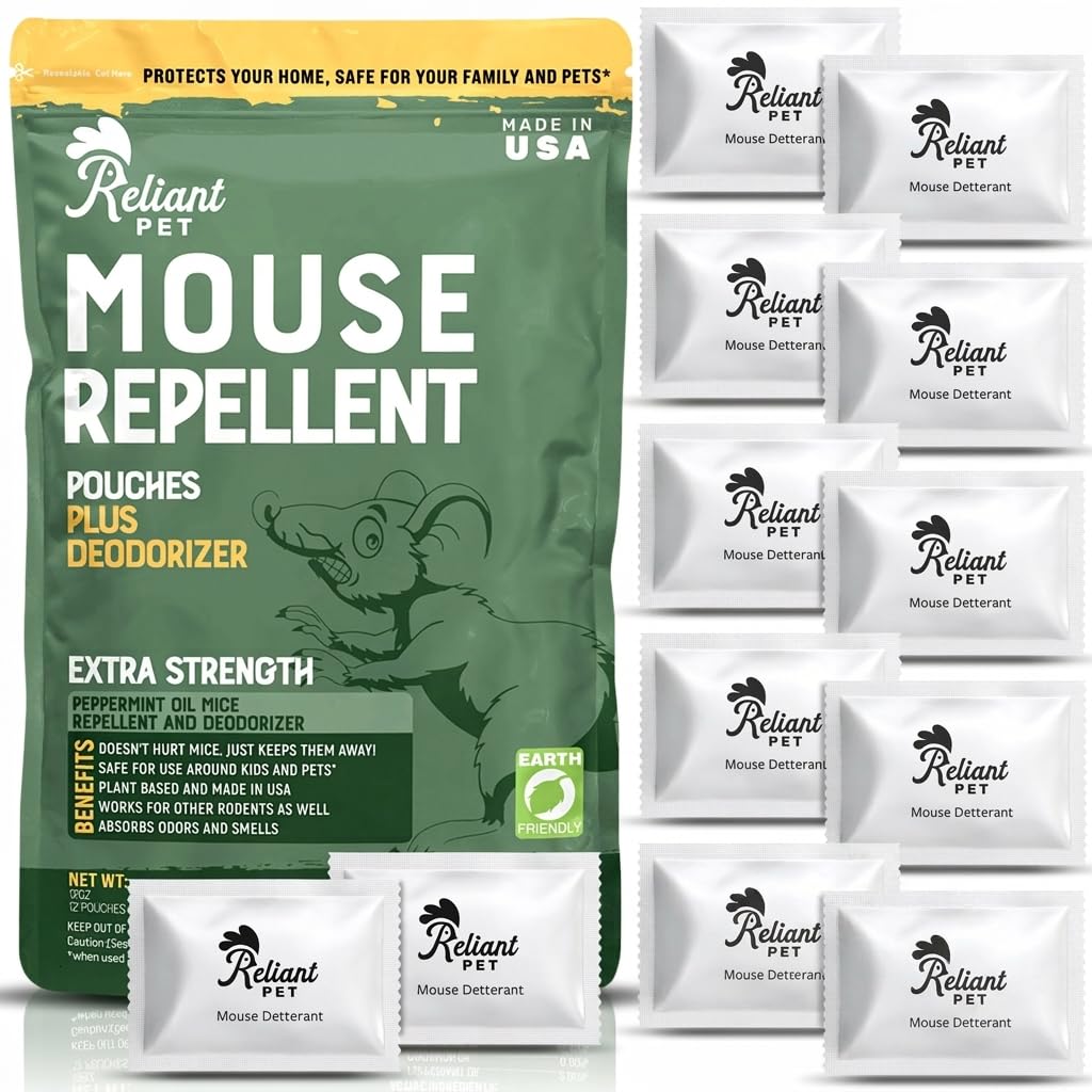 Reliant Pet mouse repellent pouches packaging highlights USA-made deterrent for mice.