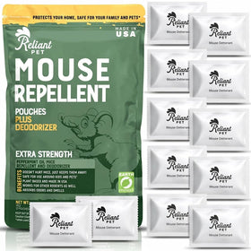 Reliant Pet mouse repellent pouches packaging highlights USA-made deterrent for mice.