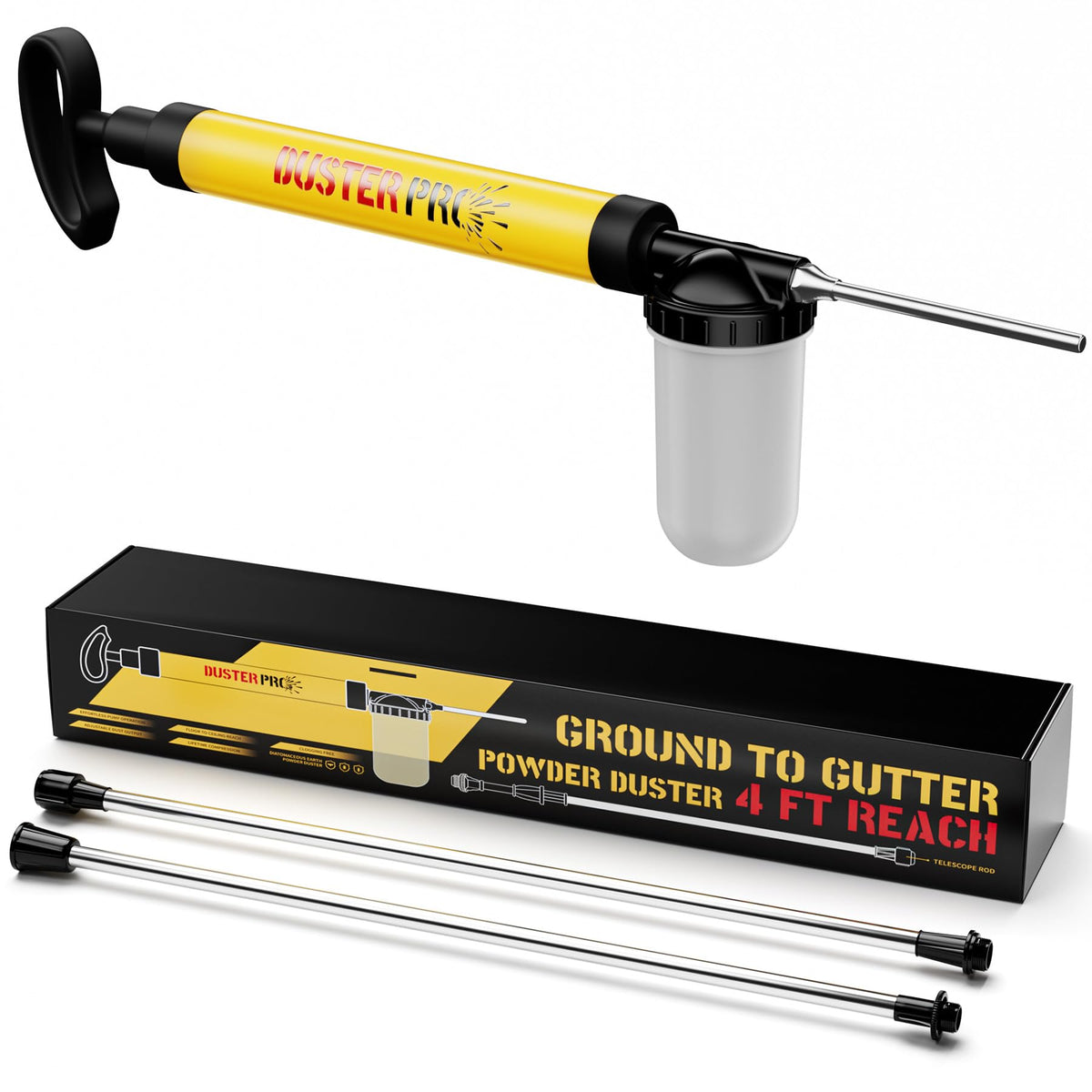 Relime diatomaceous earth duster with pump-powered action for smooth, continuous dispersion.