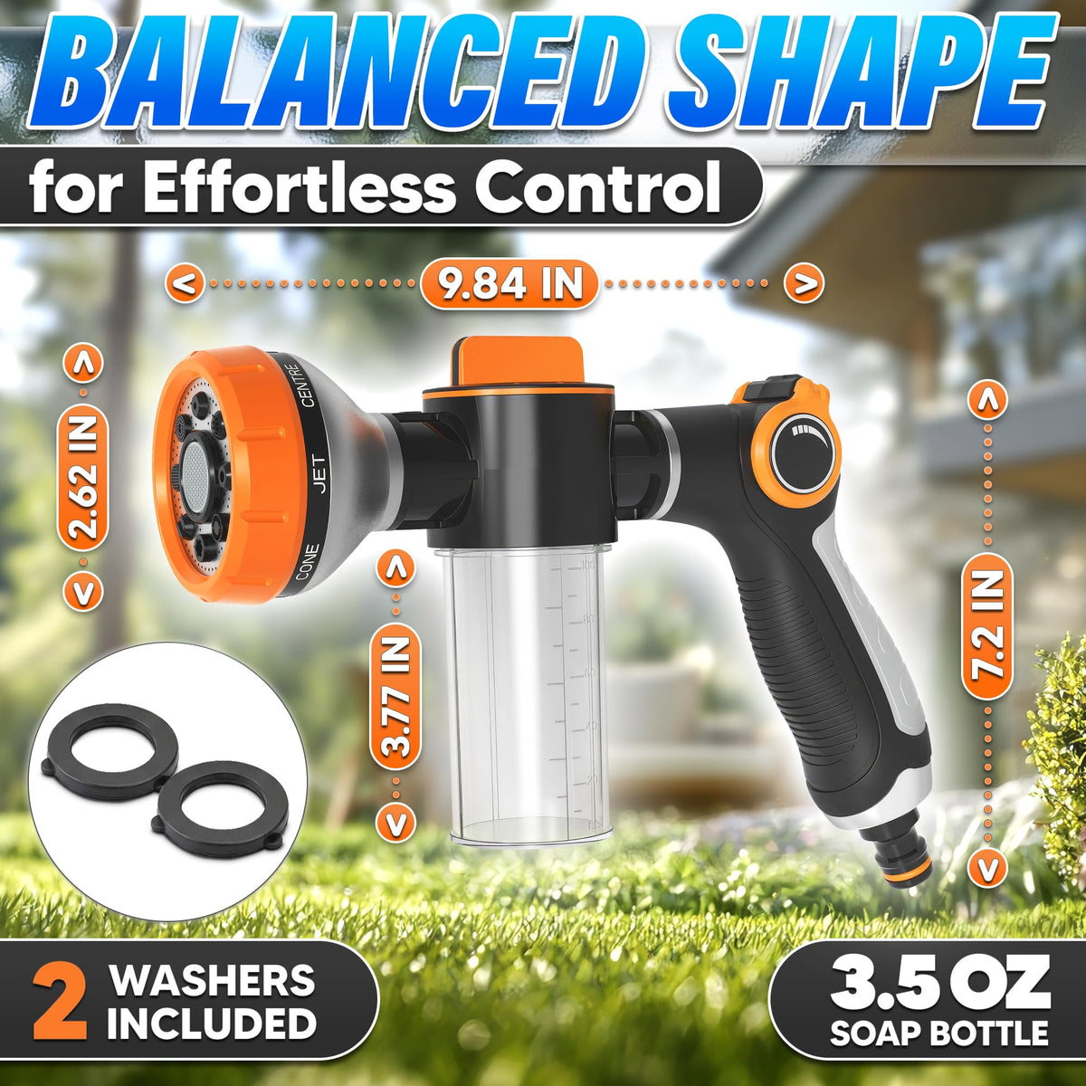 Reluen foam-control dial enables precise soap mixing for controlled suds.