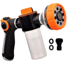 Reluen hose nozzle with soap dispenser for easy car and patio sudsing.