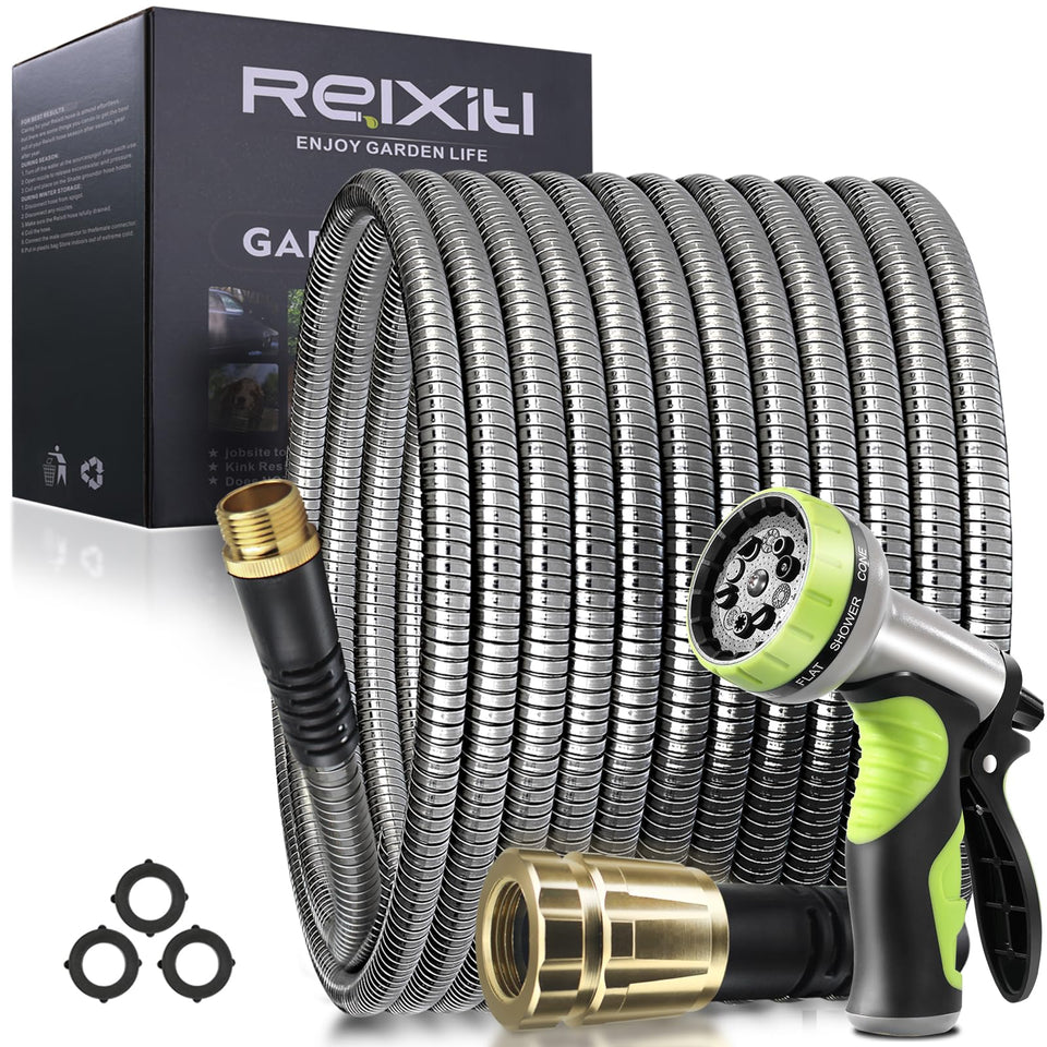 Relxitl 50ft yellow metal hose coil, flexible and kink-free for easy watering.