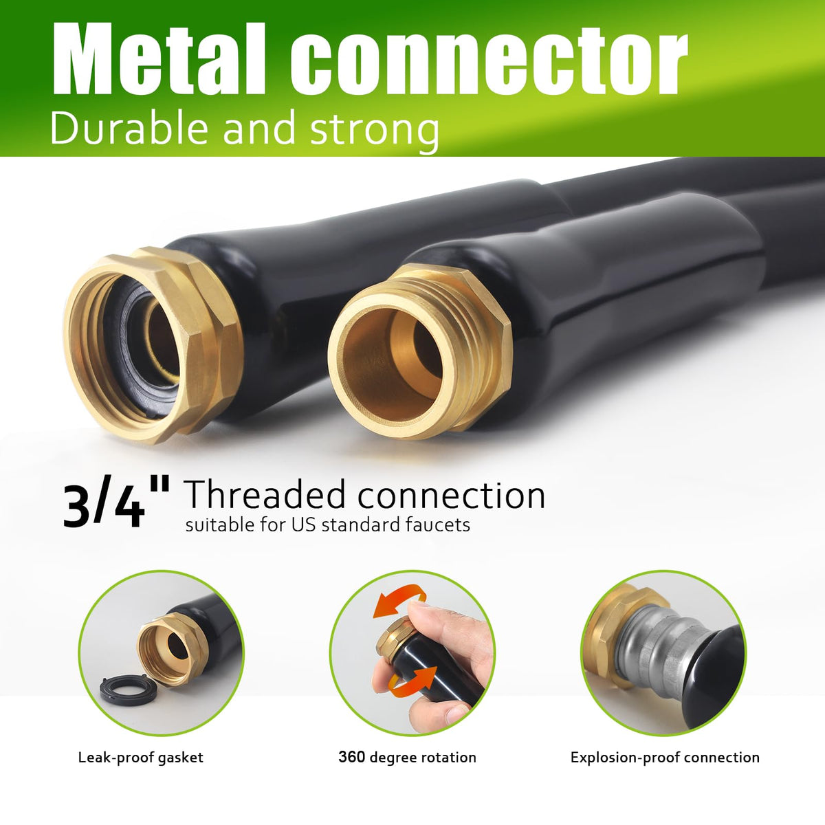 Relxitl fabric-covered hose outer layer provides abrasion resistance during outdoor chores.