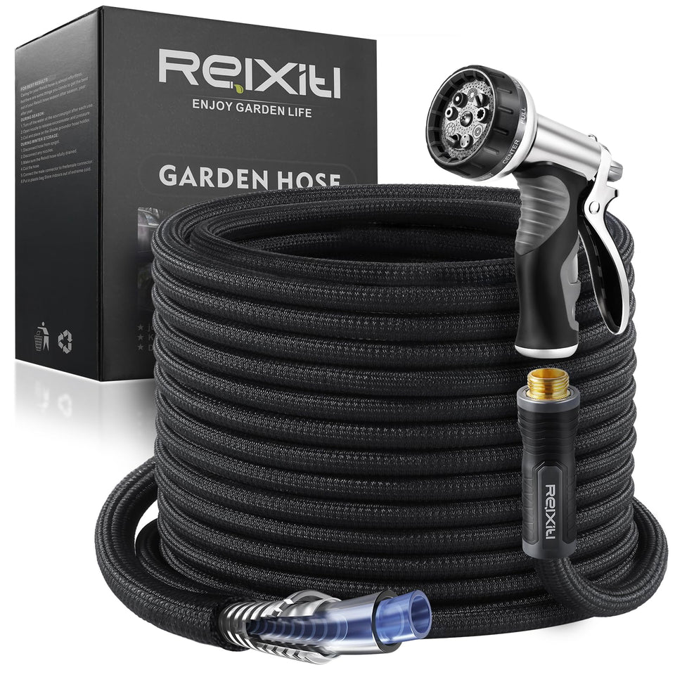 Relxitl garden hose 50ft coiled showing compact durability and easy storage
