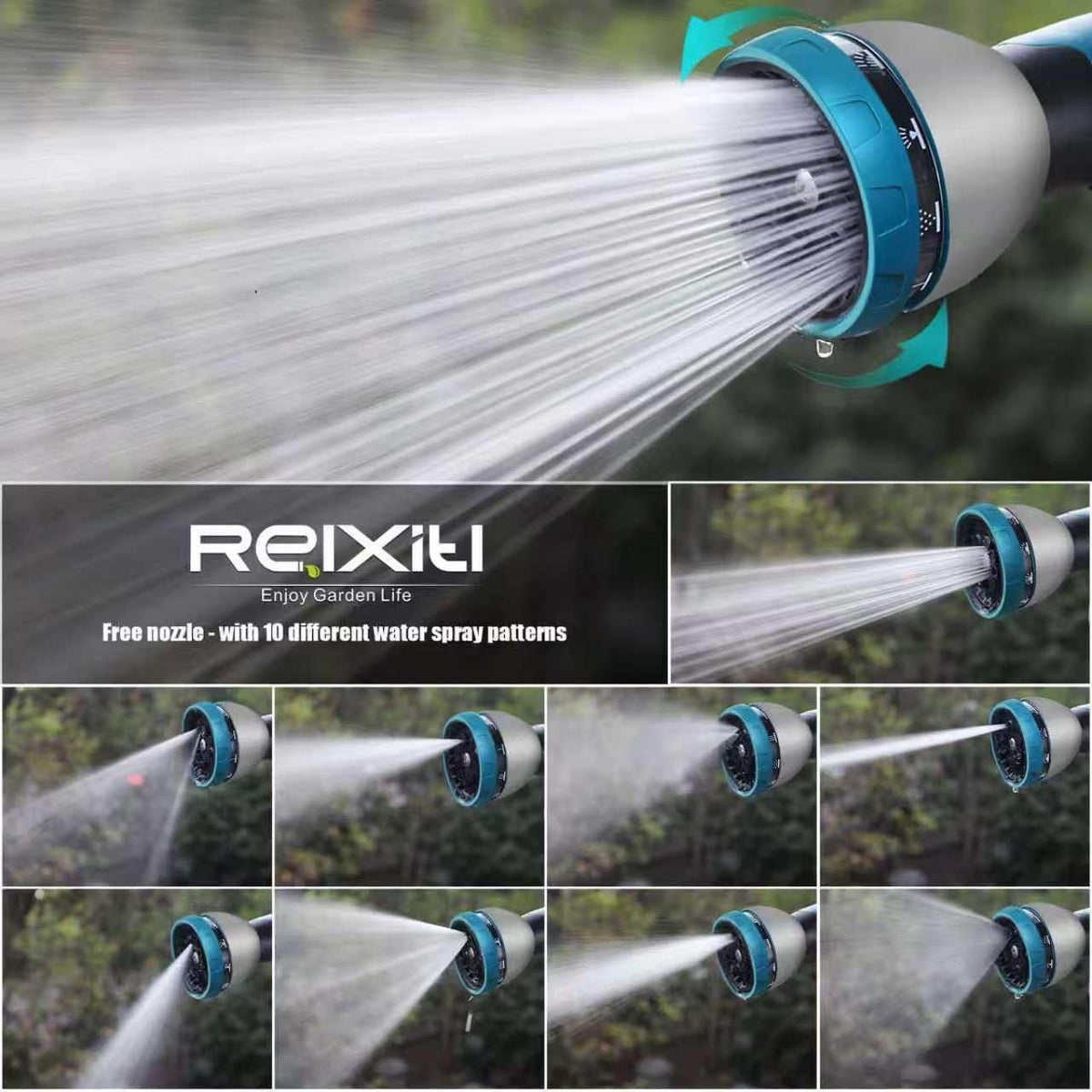 Relxitl hose nozzle 10-function shows versatile spraying options for precise irrigation.