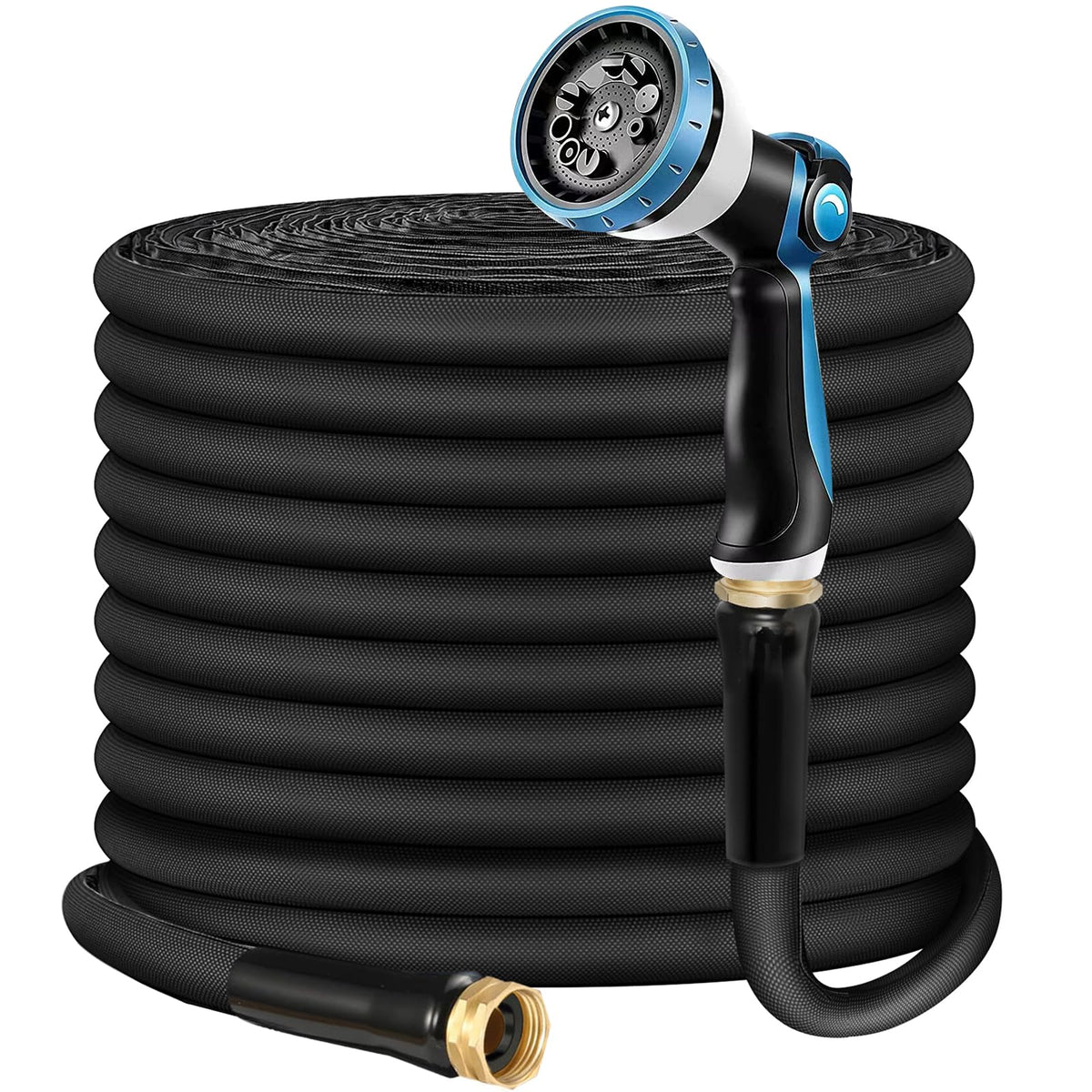 Relxitl non-expandable hose fully extended in the yard delivering steady water flow.