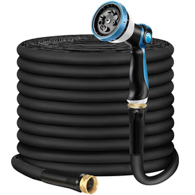 Relxitl non-expandable hose fully extended in the yard delivering steady water flow.