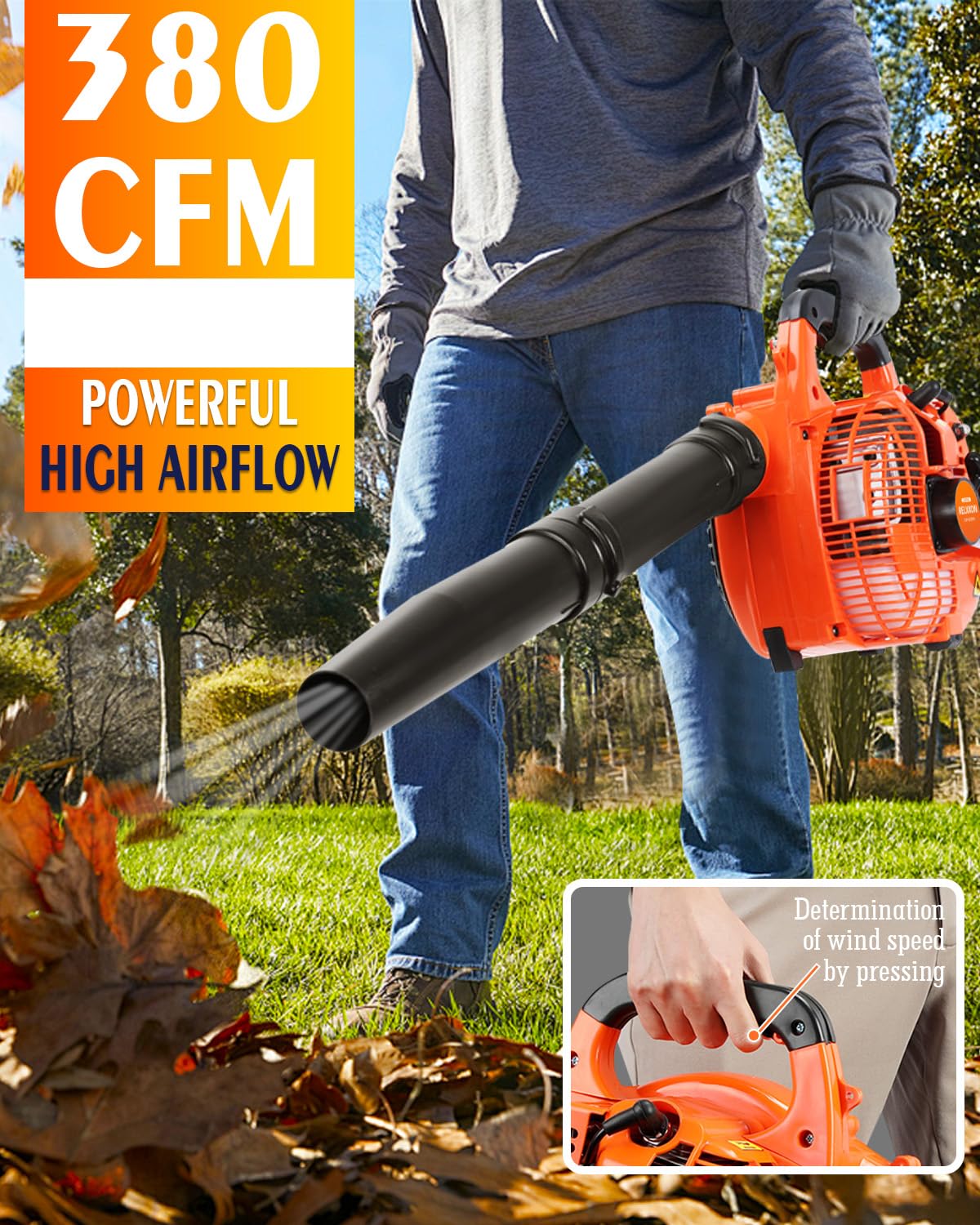 Relxxon gas leaf blower 26cc in action, clearing leaves with power and efficiency.