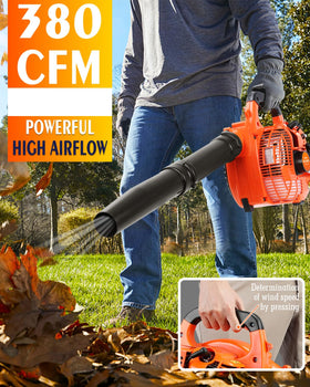 Relxxon gas leaf blower 26cc in action, clearing leaves with power and efficiency.