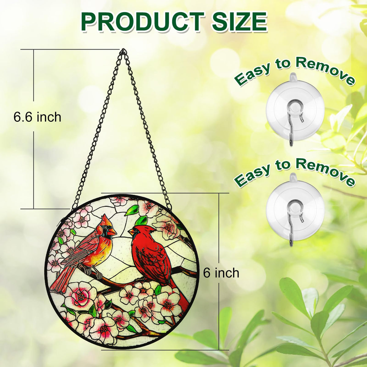 Remiawy cardinal suncatcher with pre-installed chain and suction hooks for quick setup.