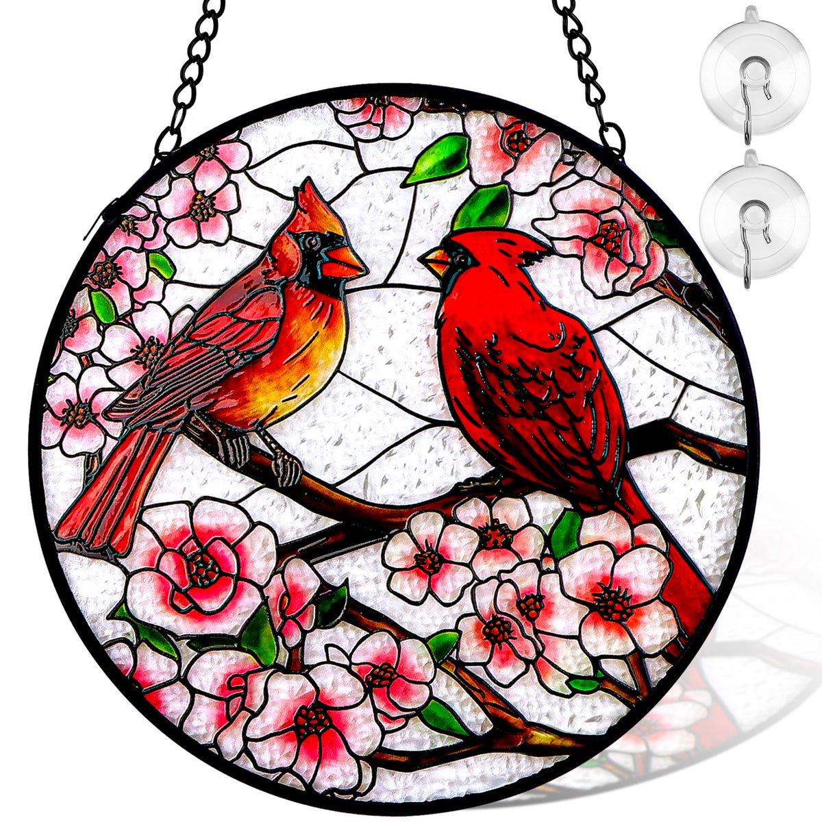 Remiawy cardinal stained glass sun catcher 6-inch hanging in window adds color.