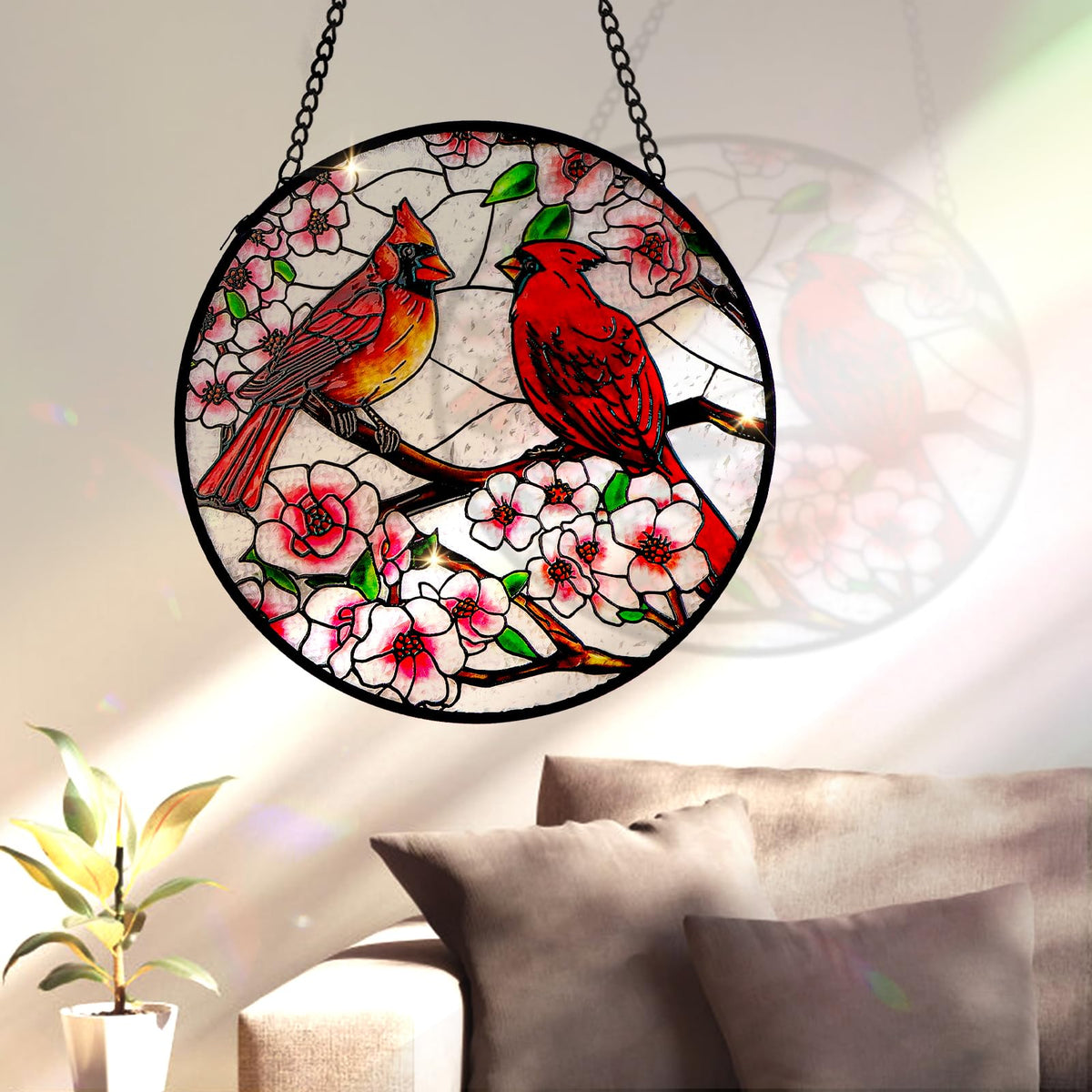 Remiawy cardinal window decor shows durable chain and hooks for easy indoor hanging.