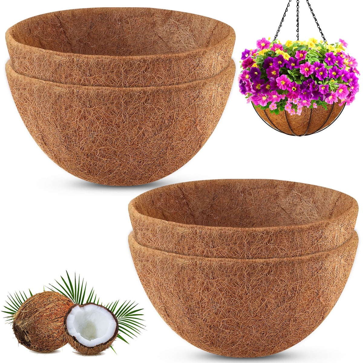 REMIAWY hanging basket coco liner 16in pack, breathable natural fiber for better plant growth