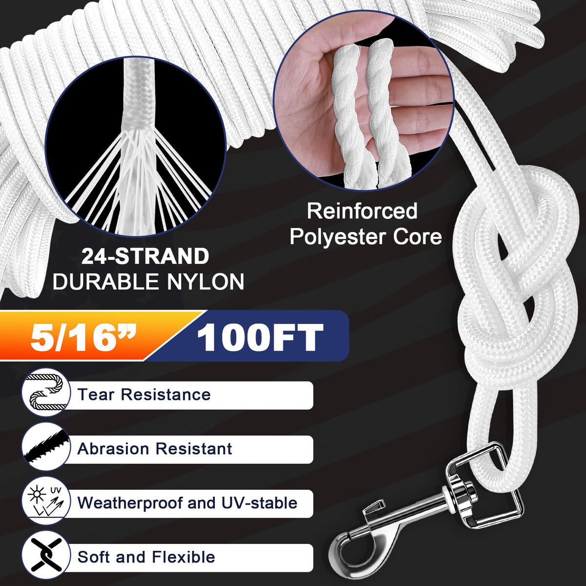 Close-up of REMIAWY nylon double-braided rope core for strong halyard use.