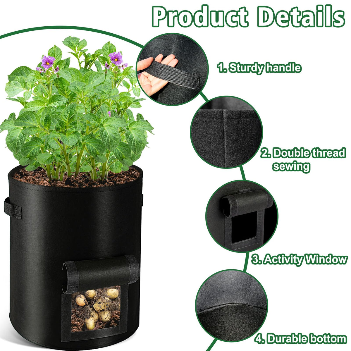 REMIAWY grow bags sturdy X-shaped handles for easy movement and sun exposure control.