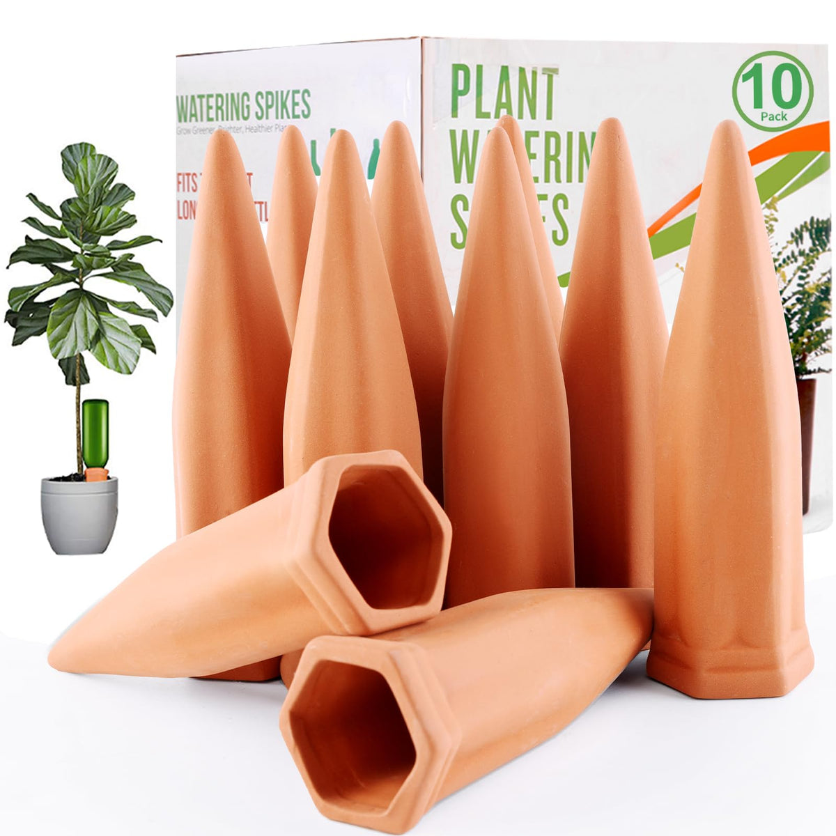 REMIAWY terracotta watering spikes ready for use on indoor plants and vacation care