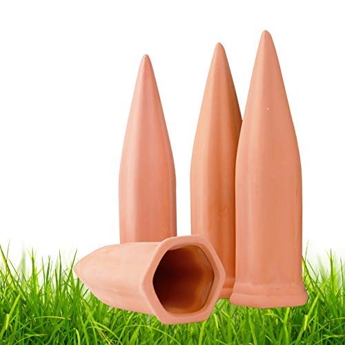 REMIAWY terracotta watering stake close-up demonstrates steady moisture delivery for plants