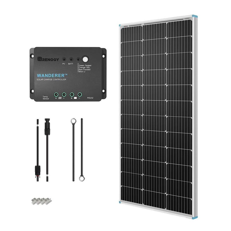 Renogy 100W solar panel front view on an RV roof, compact and efficient.